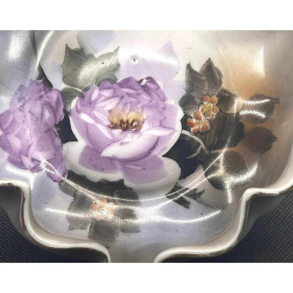 Vintage Noritake Porcelain Cigar Ashtray Ruffled Edge Hand Painted Purple Flower
